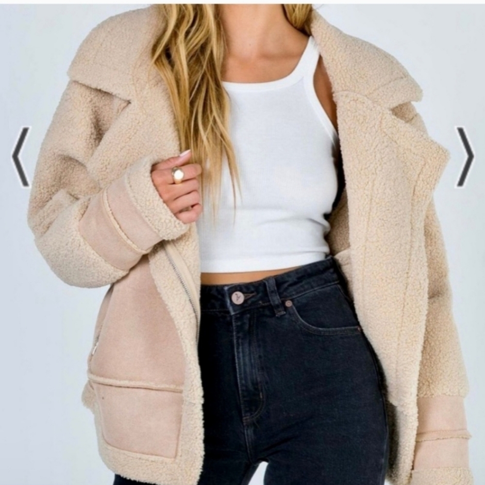 Princess Polly Moondance Beige Faux Fur Trim Jacket Size L/XL